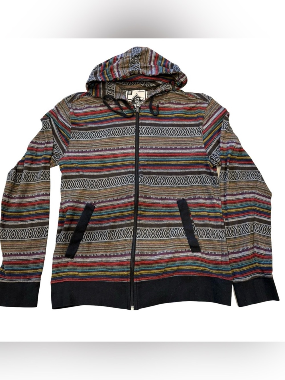 Beautiful Giant Baja Hoodie Zip Up Medium Multicolor Woven Drug Rug Jacket